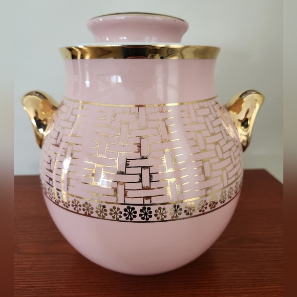 Hall Pink and Gold Basketweave Cookie Jar - Picture 4 of 10